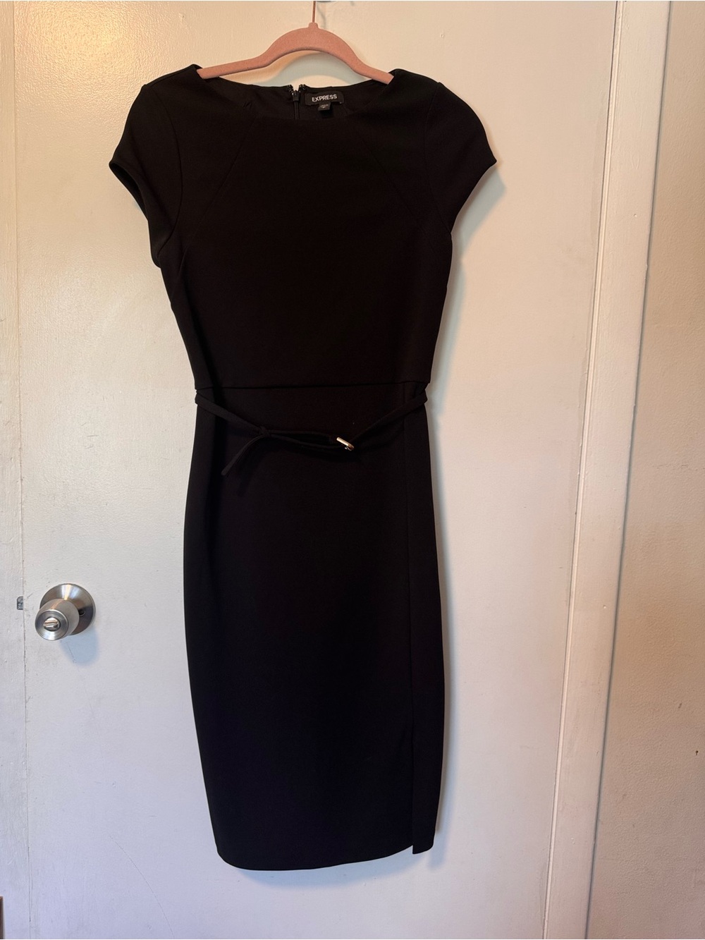 Express Black Cap-Sleeve Belted Midi Sheath Dress
